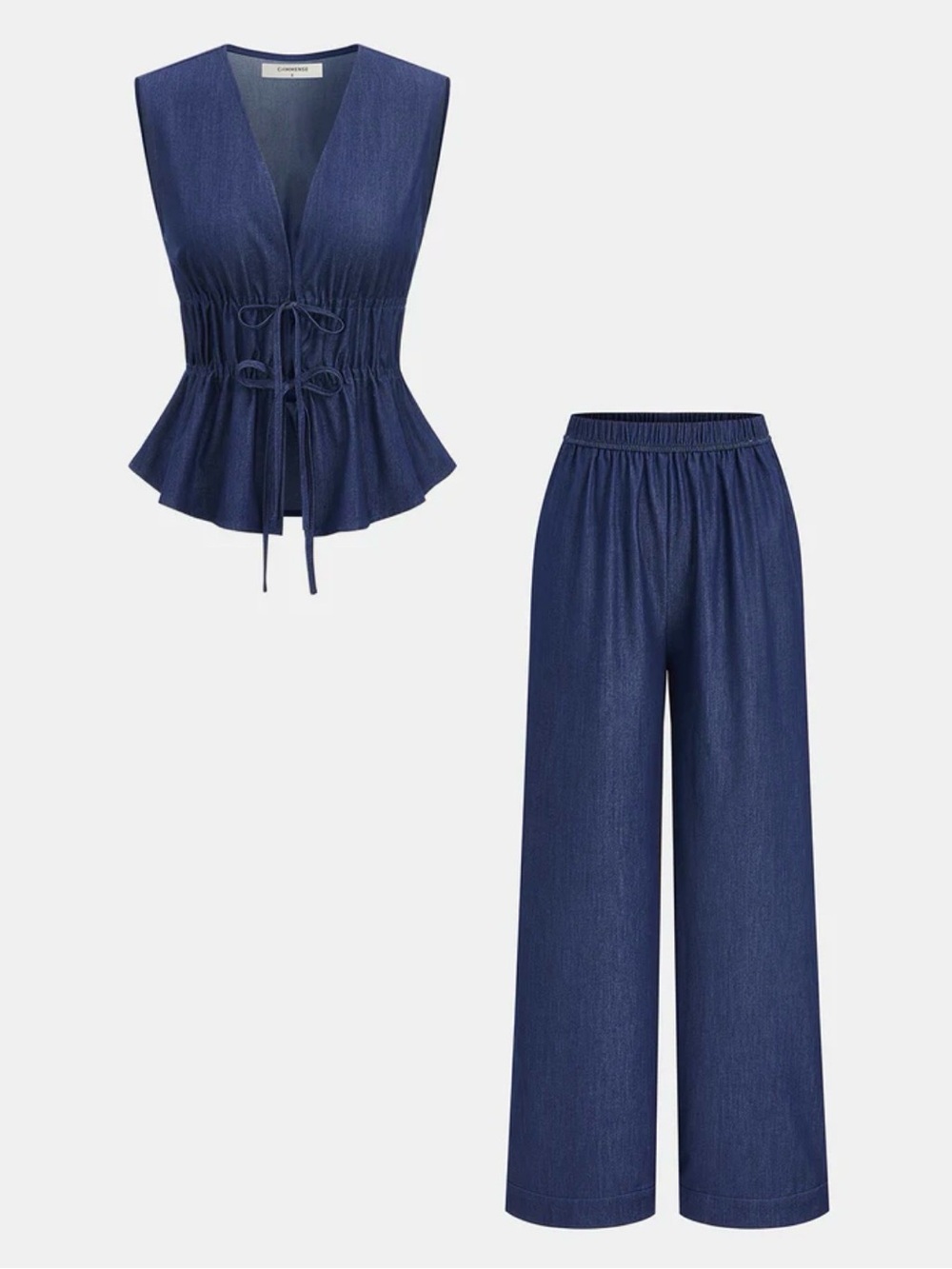 Commense faux denim tie waist vest and pants set